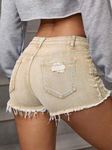 Shorts de Mezclilla para Mujer, Más Vendidos, Cintura Alta, Transpirables, Ajustados, Desgastados, Estilo Urbano de Verano, Patchwork con Lavado a la Piedra Personalizado - Product Image 4