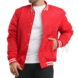 Men's <b>Red</b> Varsity <b>Jacket</b> Solid Color PU Material Stand Collar <b>Waterproof</b> Button Closure Regular Fit Winter Wear Front Logo - Product Image 4
