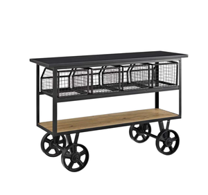 Chariot de cuisine industriel avec plateau en bois et cadre en fer Chariot de service à roulettes rustique vintage avec bar fait main pour chambre à coucher - Product Image 1