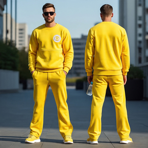 Conjunto de chándal para hombre con sudadera pulóver o logotipo personalizado en color sólido y con pantalón acampanado ropa deportiva de dos piezas para fitness - Product Image 6