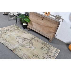 Tapis en laine turque beige et vert vintage de 3.4x6,2 pieds, tissage plat, motif patchwork pour les décorations de salon - Product Image 4
