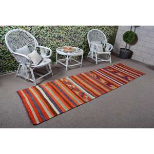 พรมวินเทจขนาด 2.8x10.4 ฟุต, พรมวิ่งสไตล์ตุรกี, พรมลายกราฟิกสีส้มน้ำเงิน - Product Image 2