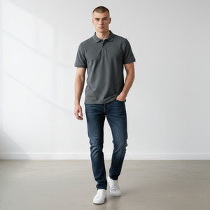 Polo à manches courtes pour homme en coton Oxford, style décontracté, coupe classique, couleur unie, respirant, design tissé - Product Image 1