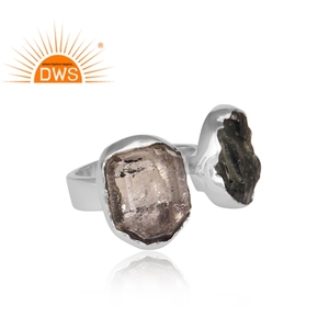 Anillo ajustable de diamante Herkimer y moldavita en bruto natural de plata de ley fina superventas, fabricante de joyería personalizada - Product Image 3
