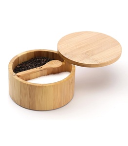 Bol à sel et poivre en bambou, récipient de cave, cuillère de service intégrée divisée pour éviter la poussière, couvercle pivotant pour garder la mer au sec - Product Image 1
