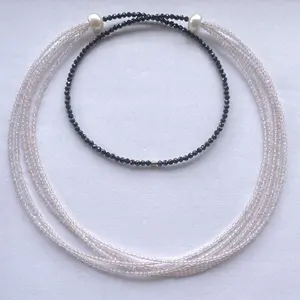 2mm 4mm Natural Black Spinel Pink Rose Quartz Faceted Multi Strands Beads Necklace With Freshwater Pearl Beaded Jewelry Necklace
