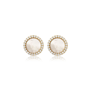 Boucles d'oreilles rondes en nacre CZ fabriquées à la main en argent sterling 925 turc bijoux fins pour femmes - Product Image 1