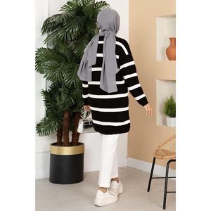 Cárdigan de punto con detalle de botones a rayas para mujer, jersey negro informal largo con decoración de patrón, tela de camiseta - Product Image 4