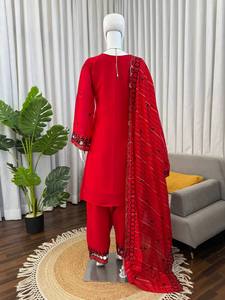 Red Embroidered <b>Silk</b> Salwar Kameez Set Black Lace Details Traditional Indian Pakistani Graduation Women Ankle-Length Dress - Product Image 2