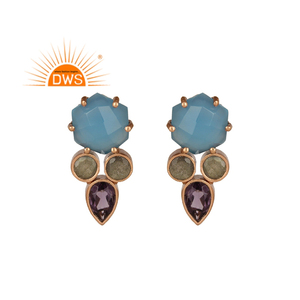 Dernière conception faite à la main en laiton plaqué naturel calcédoine bleue labradorite et hydro améthyste fabricant de boucles d'oreilles en pierres précieuses - Product Image 1