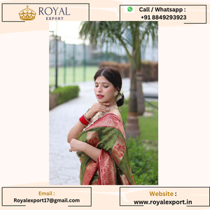 Superbe sari en organza doux Banarasi pur de couleur verte avec chemisier en brocart épais - Product Image 2