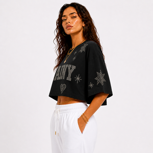 Loose Fit Oversized Crop <b>Top</b> Women <b>Rhinestone</b> Embroidery Cotton Cropped T Shirt Casual Streetwear Summer <b>Top</b> - Product Image 1