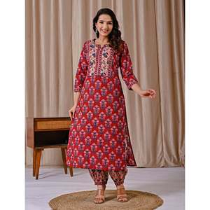 Conjunto de traje afegano para mujer, kurta de corte recto con estampado Red Butta Block - Product Image 5