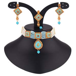 Ensemble de boucles d'oreilles superposées en cristal perlée, Faux perles, ras du cou, Kundan, bijoux Tikka, bleu - Product Image 4