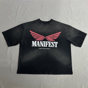 Sunfad T-shirt coupe carrée impression DTG personnalisée lavage noir col rond design sportif avec motif tissu en coton - Product Image 1