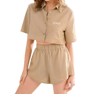 Ensemble de survêtement deux pièces pour femme, haut court et short/pantalon de jogging, en Spandex/Polyester, respirant, décontracté, d'été, avec logo personnalisé, taille haute - Product Image 5