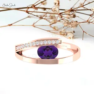 14k纯金开口柄戒指，紫水晶和白色钻石手工椭圆形切割簇状戒指独家批发交易