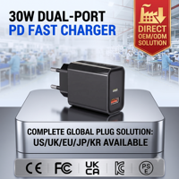 Adaptateur de charge rapide HNT ODM/OEM GaN 30W PD 3.0 1A1C double port, matériau ABS ignifuge pour iPhone, tablette, smartphones