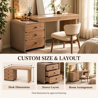 Coiffeuse personnalisée en bois clair veiné avec plateau incurvé, trois tiroirs et espace de rangement ouvert pour chambre à coucher