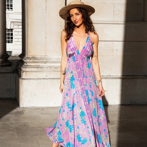 Boho Summer Maxi <b>Dress</b> with Adjustable Straps Frilled V Neckline 100% <b>Silk</b> A-Line Silhouette Vintage Green Brown Blue Print - Product Image 1