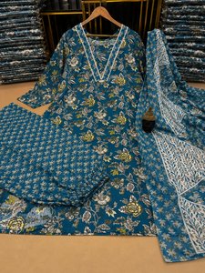 Conjunto de Kurti de 3 Piezas para Mujer, Casual, Largo hasta la Rodilla, para Uso Diario, de Algodón Orgánico, con Encaje y Estampado Floral, Transpirable, Corte Regular, para Todas las Temporadas - Product Image 2