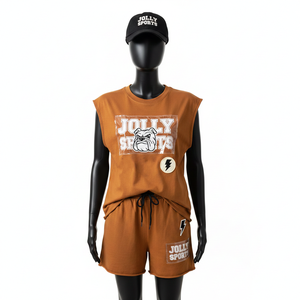 Women <b>Sleeveless</b> T <b>Shirt</b> Short Set High Quality Cotton Jersey Breathable Solid Brown Printed CustomLogo 100% Cotton Women's Sets - Product Image 6