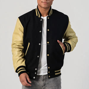 Veste universitaire unisexe en laine avec manches en cuir, fermeture éclair, patchwork, coupe-vent, style bomber, uniforme d'équipe universitaire - Product Image 5