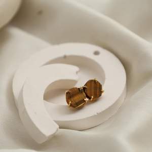 8-10mm Raw Tiger Eye Stone Gold Plated Prong Set <b>Stud</b> <b>Earrings</b> Handmade Birthstone Dainty Minimalist Jewelry for Women - Product Image 4