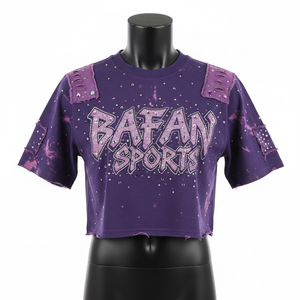 เสื้อครอปท็อปผู้หญิง ผ้าคอตตอนเจอร์ซีย์ สีม่วงฟอกย้อม พิมพ์ลายกากเพชรด้วยความร้อน พร้อมสกรีนโลโก้ตามสั่ง เสื้อครอปท็อปผู้หญิง ผ้าคอตตอน - Product Image 1