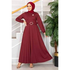 Asmara <b>Burgundy</b> <b>Belted</b> Hijab Dress Modest Style with Pattern Decoration - Product Image 2