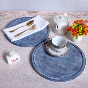 Sustainable Mango Wood Round <b>Dinner</b> Platter Blue Antique Wooden Serving <b>Tray</b> for Home Decor Food Vegetables Fruit Appetizer <b>Tray</b> - Product Image 2
