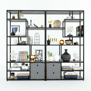 Système d'étagères de présentation industriel/contemporain avec armoire en bois de caoutchouc et structure en fer 200x30x180cm KTB68077 - Product Image 2
