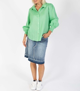 Light Green Casual Women's Shirts <b>Custom</b> Ladies Tops Blouse <b>Balloon</b> Sleeves Deep Shirred Cuff Curved Hemline Linen Fabric Summer - Product Image 6