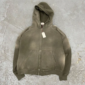 Sweat à capuche Streetwear personnalisé sans ficelle polaire vierge Boxy fermeture éclair Vintage Double couche lavage à l'acide soleil fané sweats à capuche en détresse pour hommes - Product Image 2