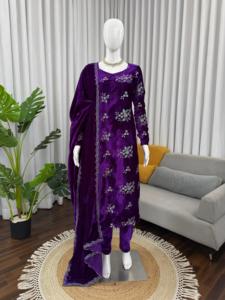 Tela de Terciopelo India y Pakistaní con Bordado Elegante de Secado Rápido, Salwar Kameez Tradicional Informal para Fiestas, Bodas y Haldi - Product Image 6