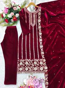 Conjunto de Top y Dupatta de Terciopelo Completamente Cosido por Diseñadores, Nueva Tendencia, Listo para Usar, Reversible, Sin Arrugas, para Todas las Estaciones, Ideal para Fiestas, Estilo Indio - Product Image 5