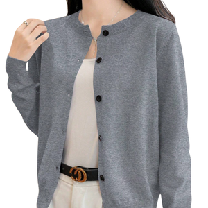 Cardigan simple en maille extensible pour femme, mélange Spandex/Polyester, col rond, boutonné, manches longues, veste courte, taille XL - Product Image 3