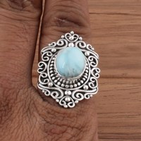 Bague classique artisanale en argent sterling 925 avec pierre précieuse Larimar, bijou vintage bohème pour femme, idéale pour les occasions de mariage et de fête