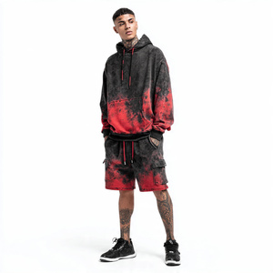 Noir acide lavage Baggy à capuche hommes Sublimation lavé Cargo Shorts ensemble hommes hiver Streetwear extérieur polaire acide lavage Shorts ensemble - Product Image 1
