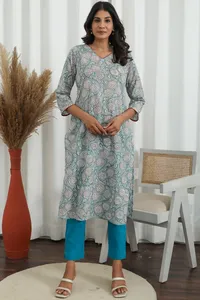 Kurti แบบดั้งเดิมของผู้หญิงผ้าฝ้ายพิมพ์ลายดอกไม้100% เป็นมิตรกับสิ่งแวดล้อมสวมใส่สบาย - Product Image 4