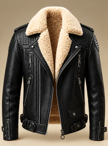 Veste en cuir pour homme avec col en fausse fourrure, fermeture éclair, style motard d'hiver - Product Image 2