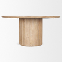 Table de salle à manger de cuisine en bois de manguier massif de forme ronde, de taille compacte, artisanale, avec un motif de linte, base sur pied