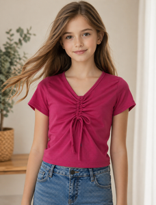 เสื้อผู้หญิงแฟชั่นน่ารัก สีชมพู คอวี แขนยาว แต่งระบายผูกด้านหน้า ทรงปกติ ผ้าถัก คอตตอน/โพลีเอสเตอร์ ปักลาย - Product Image 6
