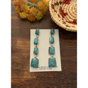 Gregg Yazzie Kingman Turquoise & Sterling Silver Drop <b>Earrings</b> Geometric <b>Post</b> Dangle Design - Product Image 1