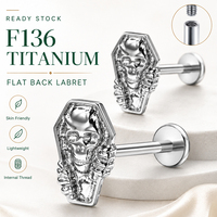 Piercing de Titanio ASTM F136 G23 con Diseño de Calavera Gótica, Parte Trasera Plana, Rosca Interna, para Hélice, Tragus, Nariz y Labio, Disponible en Stock