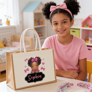<b>Large</b> Jute Bag with Cute Cartoon <b>Bow</b> Personalized Birthday Gift for Black Girls Open Closure Type - Product Image 1