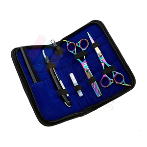 Set de 4 ciseaux de coiffeur de salon de couleur noire Kit de ciseaux à effiler avec rasoir et étui pour hommes - Product Image 1