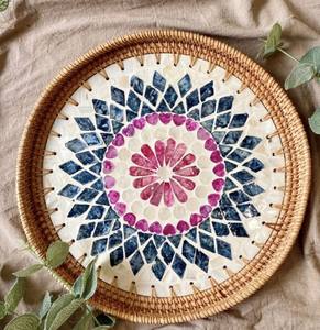 Set of 2 Floral Inlay Mother of Pearl <b>Rattan</b> Trays Flower Patterns & Natural Iridescent Glow Round Shell Trays Luxury Restaurant - Product Image 5