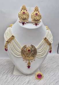 Ensemble de collier indien de mariée Bollywood plaqué or AD CZ boucles d'oreilles ras du cou en pierre de rubis de luxe vêtements de fête de fiançailles de mariage pour femmes - Product Image 2