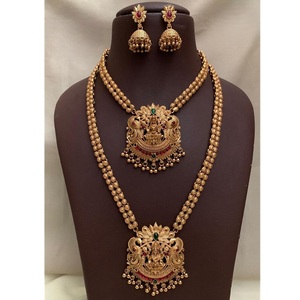 Conjunto de Collar Largo y Pendientes de Latón Chapado en Oro Estilo Templo Tradicional para Bodas, Fiestas y Festivales para Mujer - Product Image 1